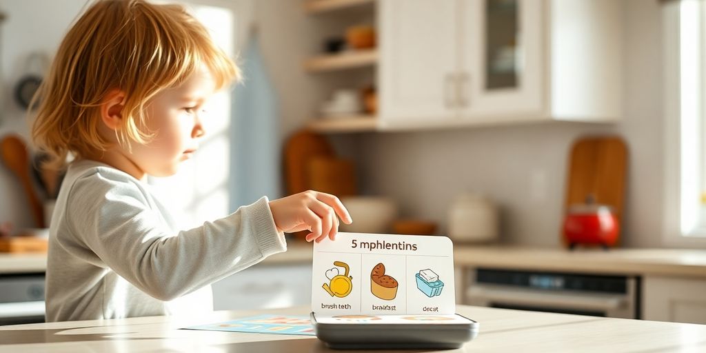 Child using morning routine cards independently.