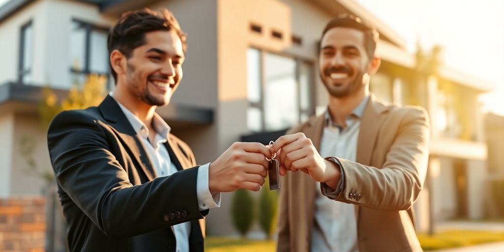 Person handing keys to happy client with house in background.