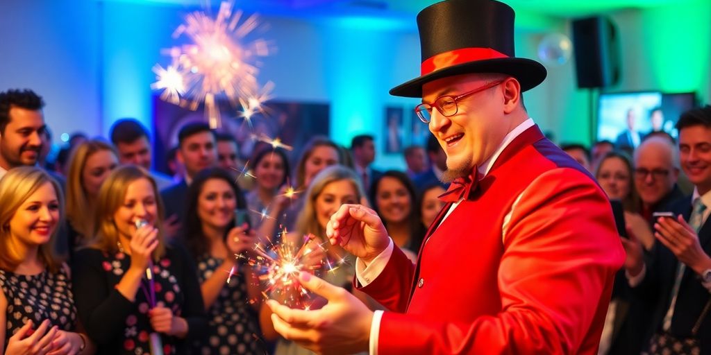 Magician performing tricks in front of an amazed crowd.