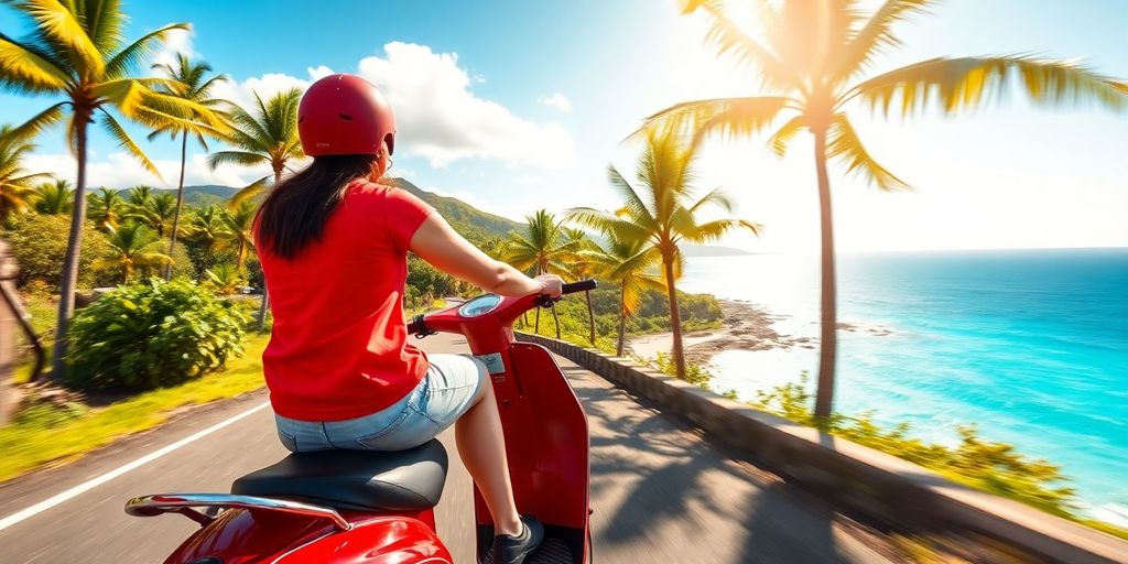 Scooter garé devant l'océan turquoise de Raiatea