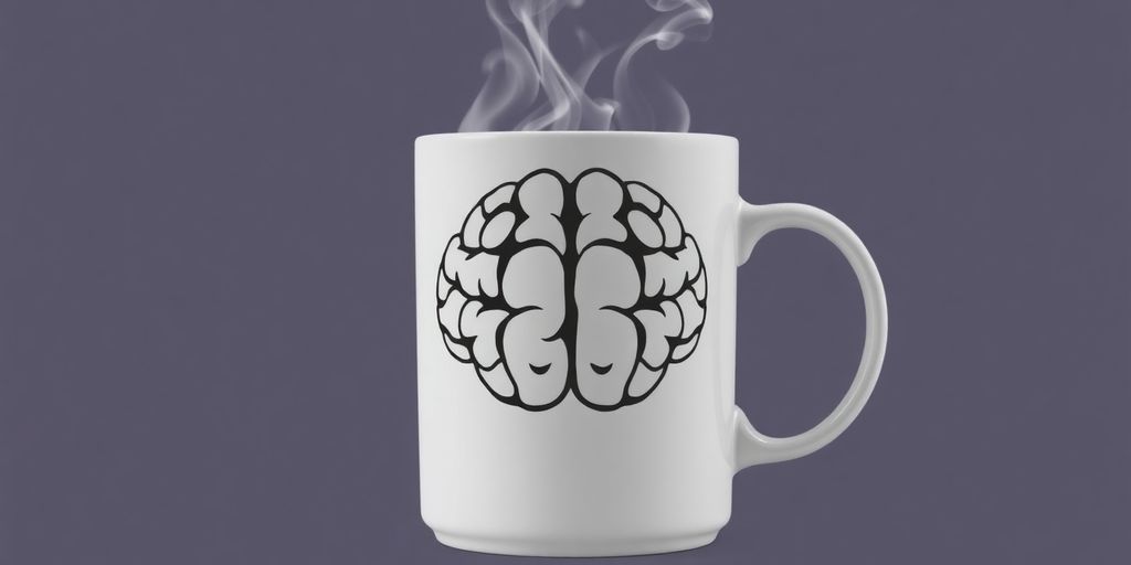 Coffee mug with a brain outline, split into calm and agitated halves.