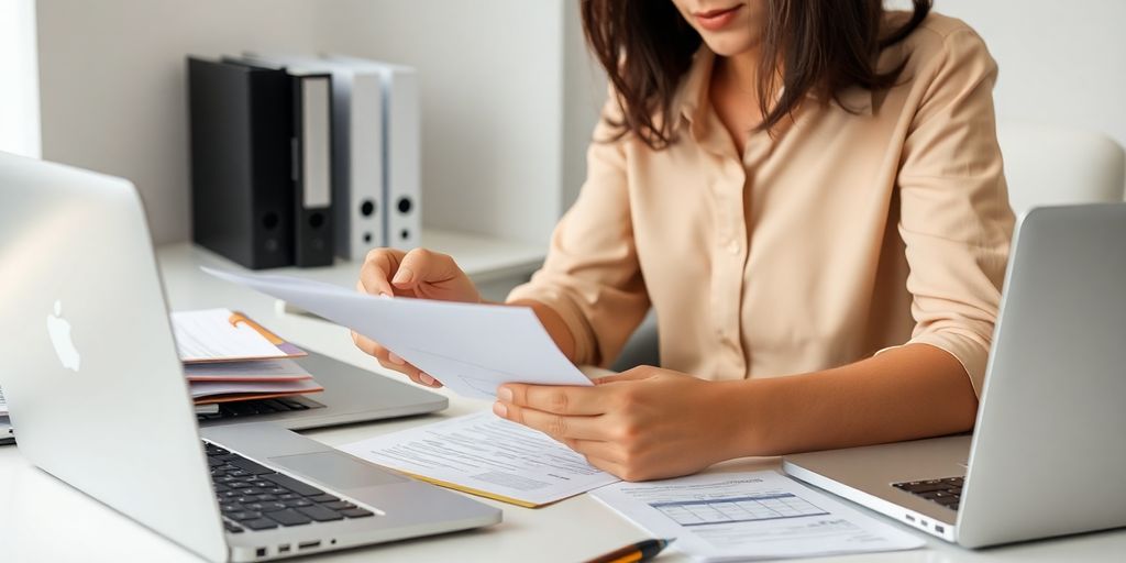 Professional bookkeeper reviewing documents at a neat desk.