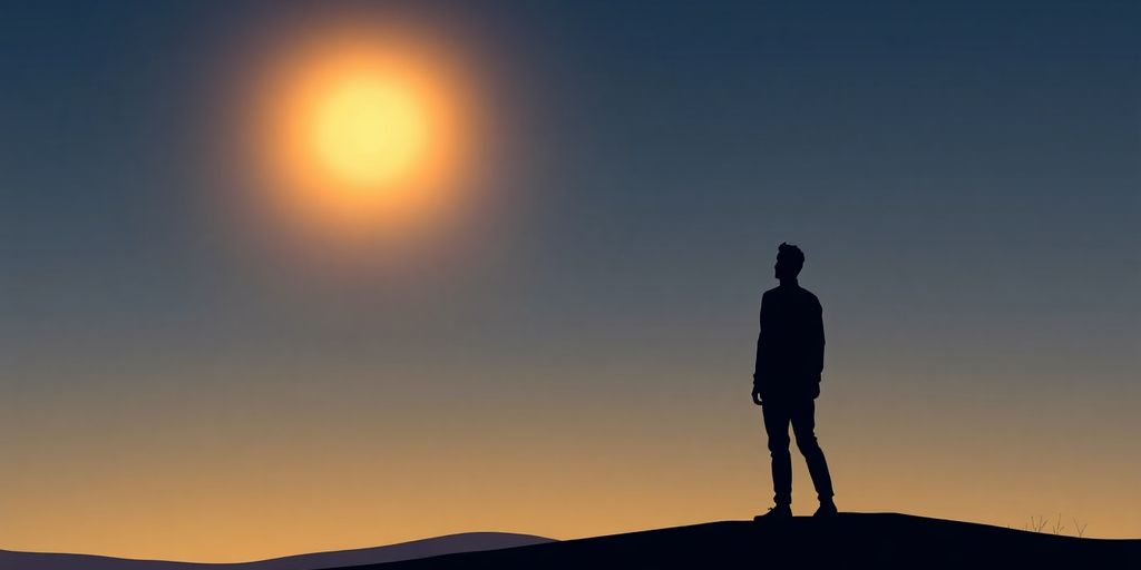 Person reaching for distant glowing light.