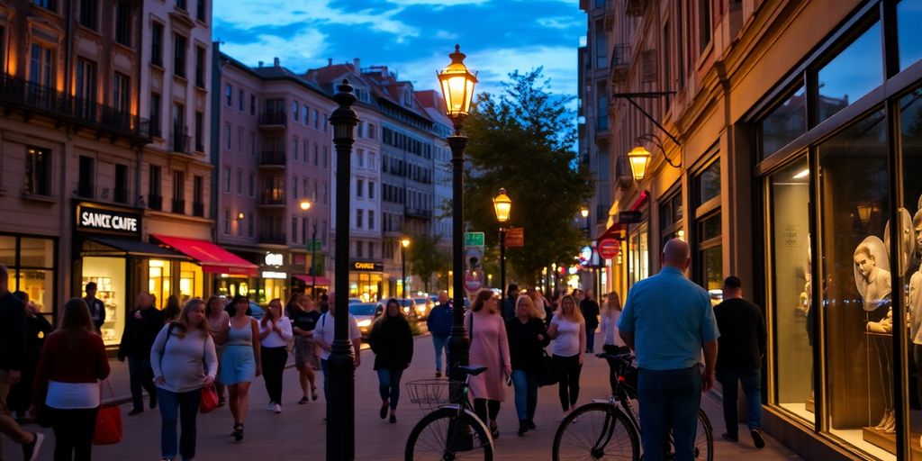 Levendige stadsstraat met diverse mensen