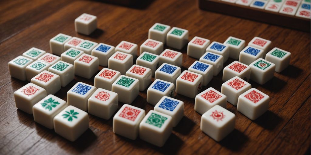 Various unique Mahjong tiles displayed on wooden surface