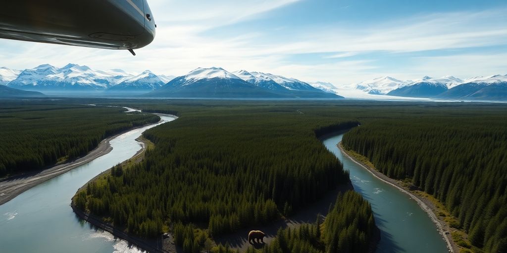 Helicopter flying over Alaskan mountains with a bear below.