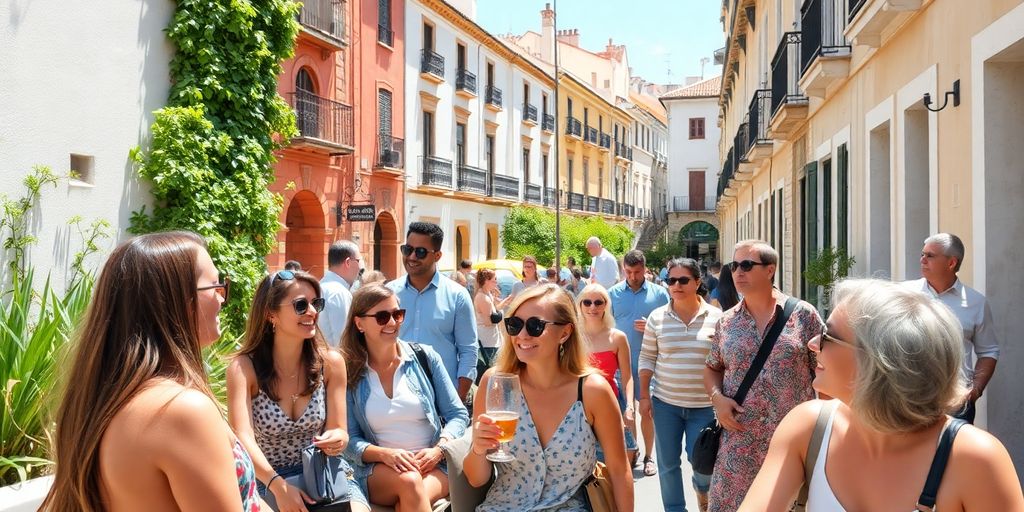 Diverse people socialising outdoors in sunny Spain.