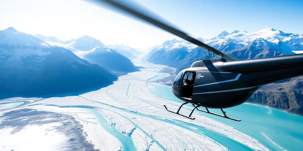 A modern helicopter flies over vast Alaskan glaciers and mountains.