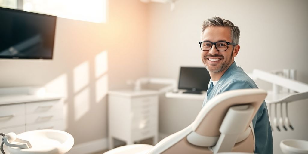 Dentist's sparkling clean office with happy patient.