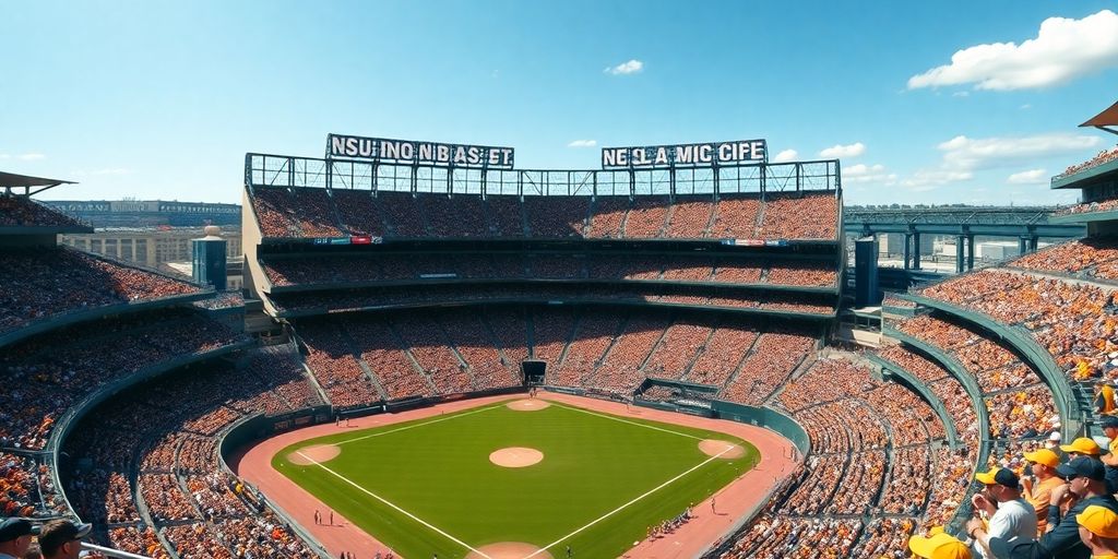 Baseball stadium full of cheering fans.
