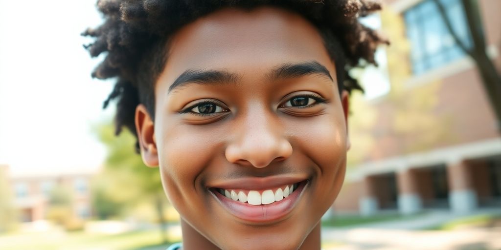 Young student smiling, holding a laptop with a resume.