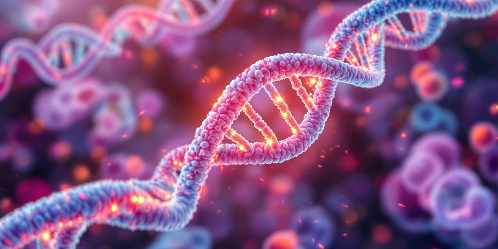 DNA strands with highlighted telomeres and healthy cells.