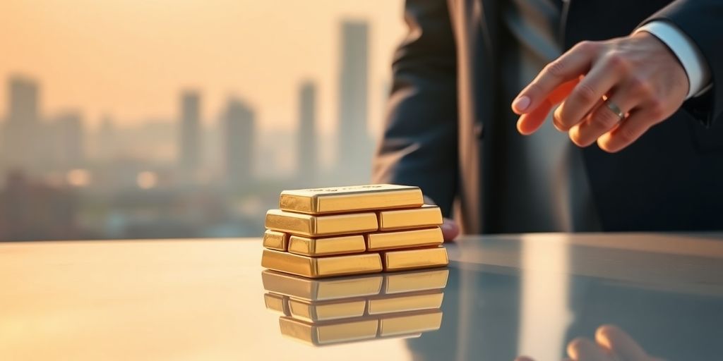 Deux mains gantées échangent des lingots d’or brillant sur table