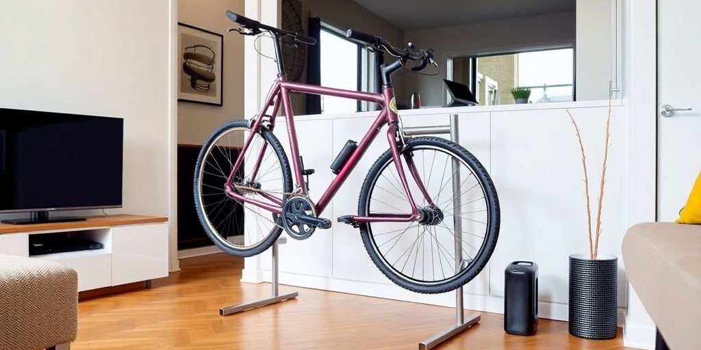 Modern standing bike rack in a stylish apartment setting.