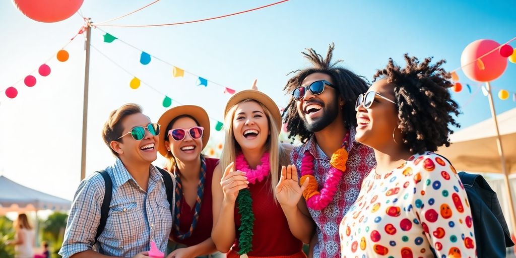 Group of friends laughing together in a colorful outdoor setting.