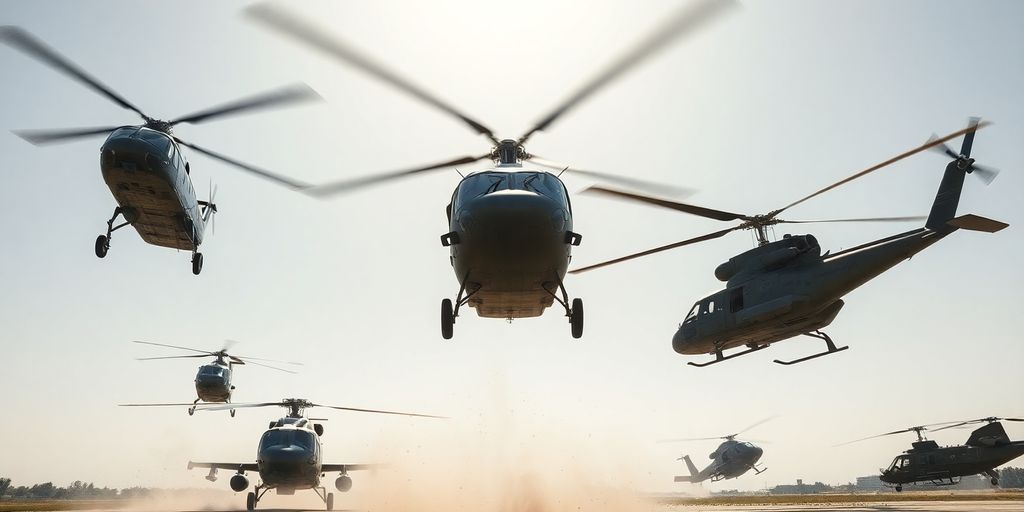Multiple helicopters taking off from a dusty airfield at sunrise.