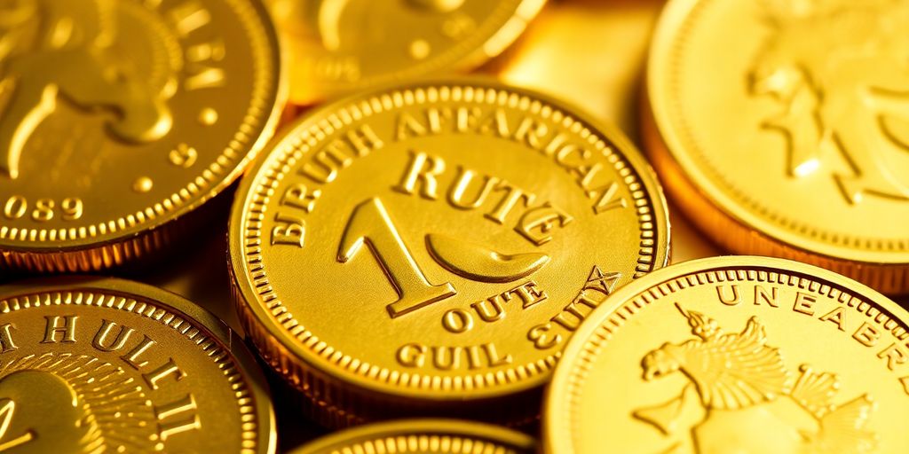 Pièces d'or Krugerrand de différentes tailles.