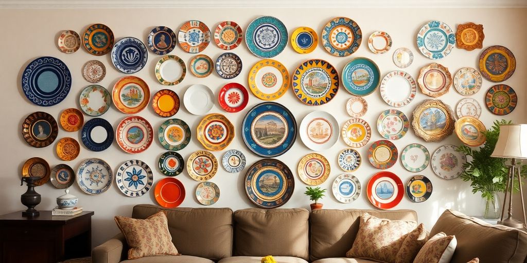 Vintage plates artfully arranged on a living room wall.