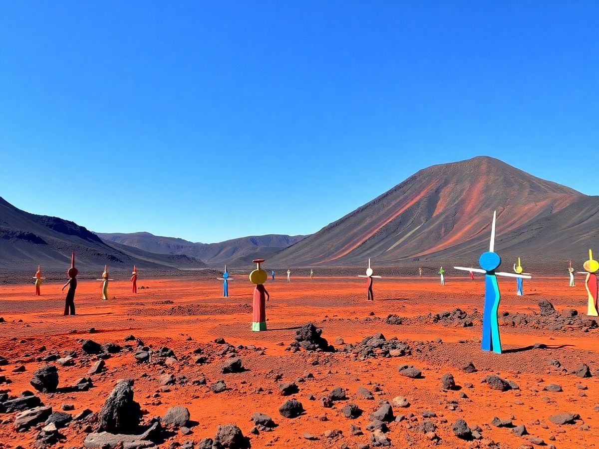 Volcanic terrain meets colourful art installations.