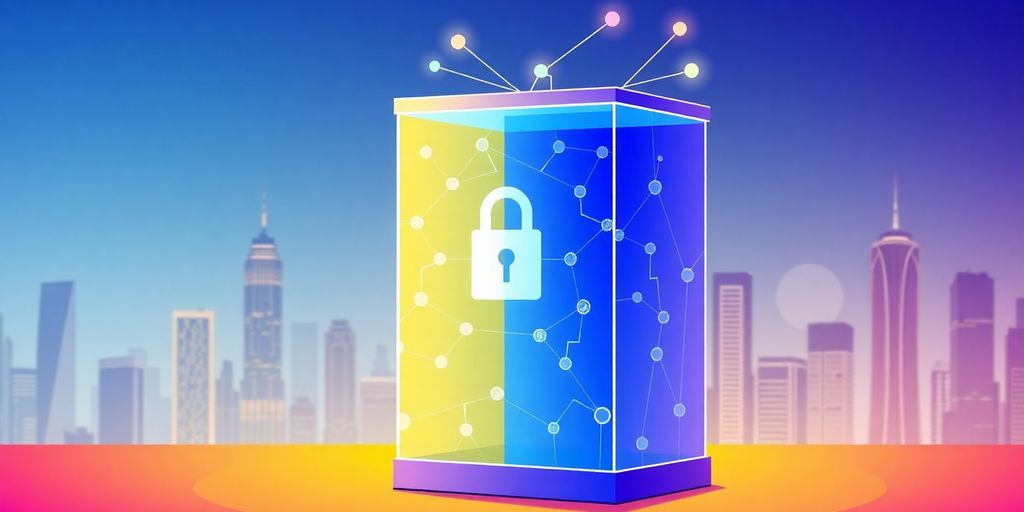 Illustrative digital voting booth with blockchain elements.