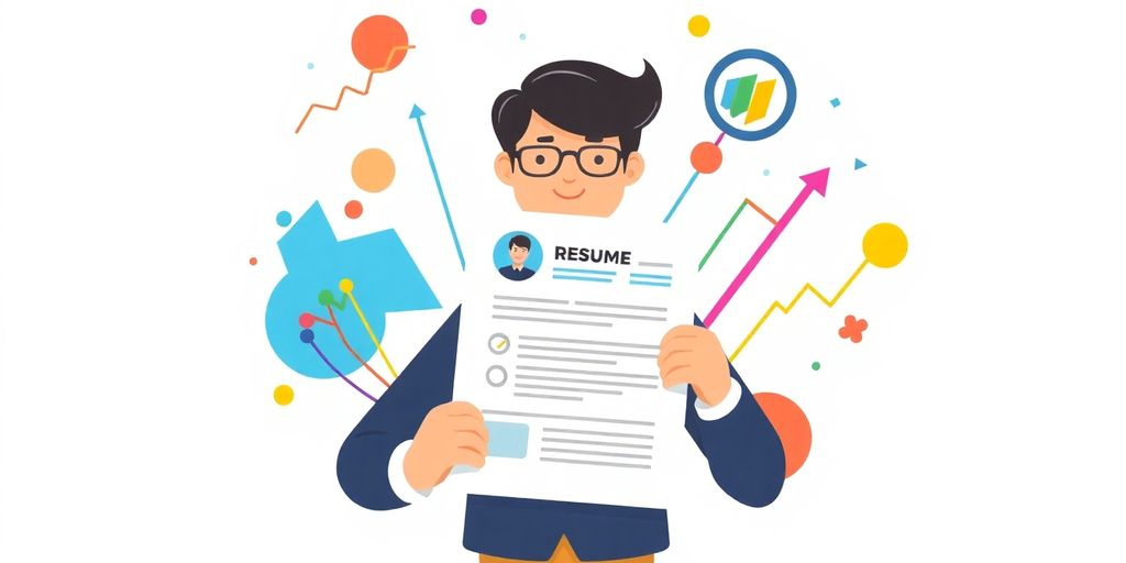 Professional with resume and colorful data points.