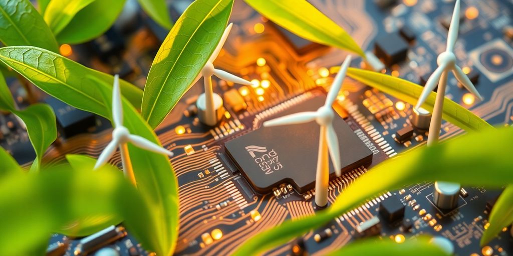 AI circuit board with green energy elements.