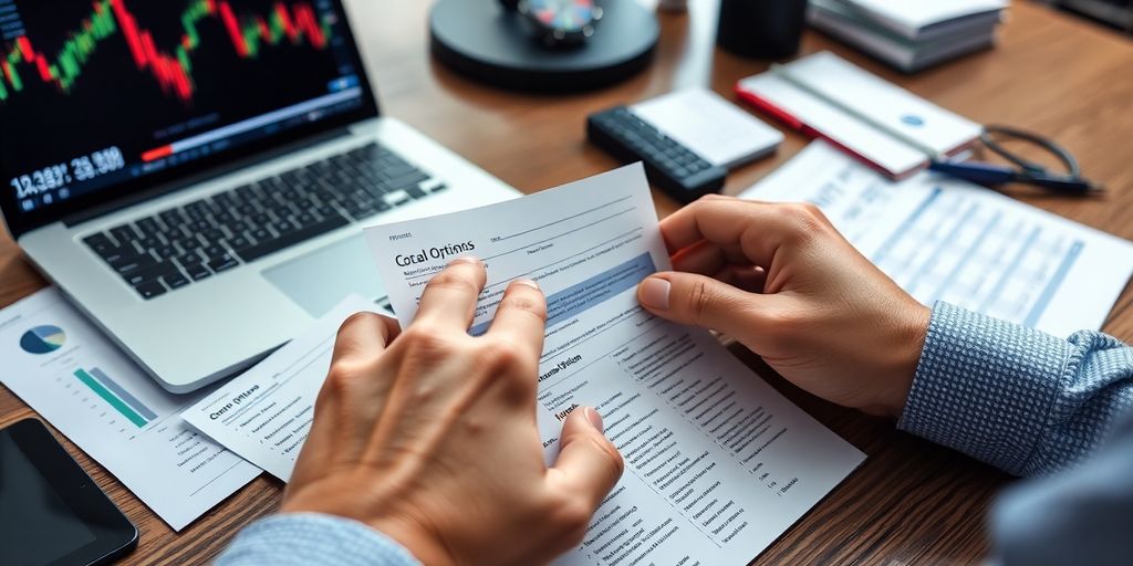 Trader's hands handling options contracts on a desk.
