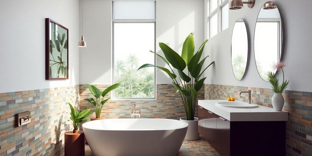 Modern Miami bathroom with bright colors and tropical plants.