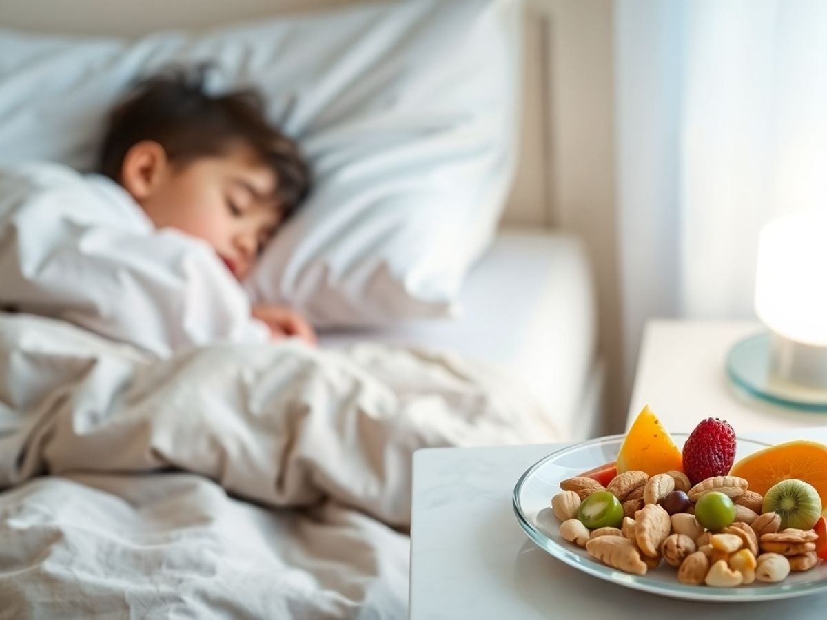 Un copil dormind într-un pat confortabil cu mâncare sănătoasă.