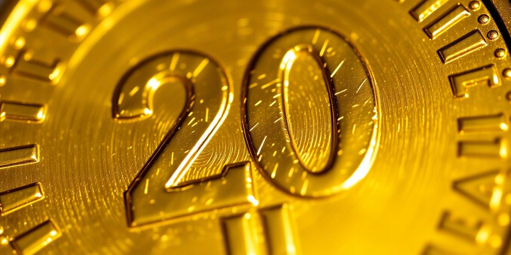 Pièce d'or de 20 dollars scintillante, gros plan.