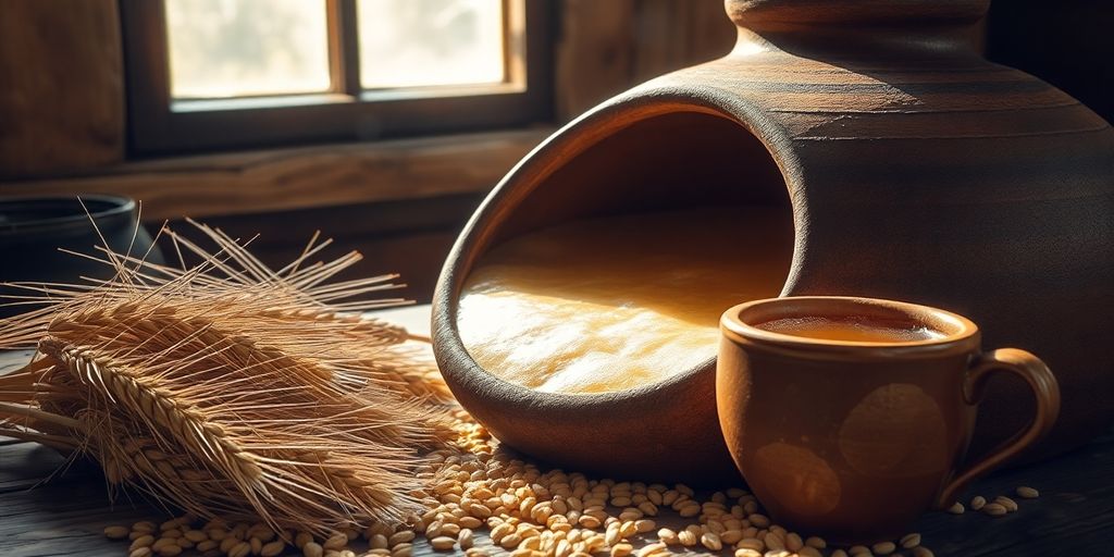 Ancient clay vessel with golden frothy beer and barley grains