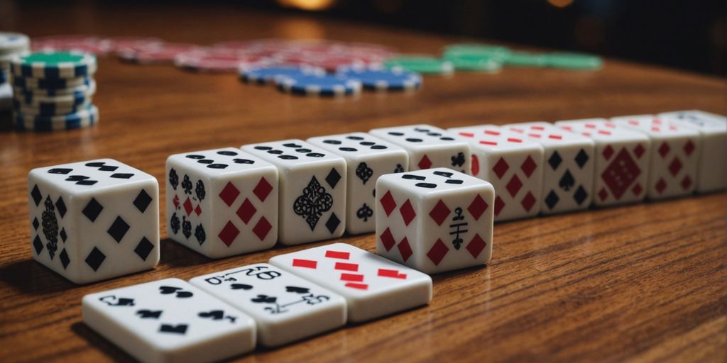 Mahjong and poker tiles on a wooden table.