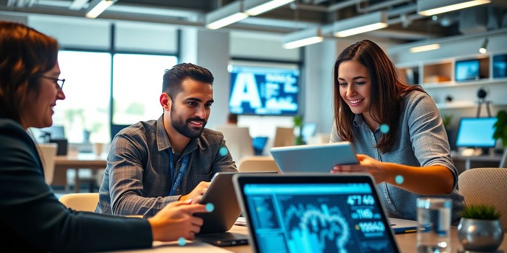 Team analyzing data in a modern workspace.