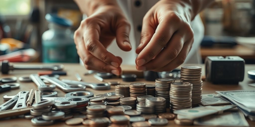 Person examining diverse tools, money, and skilled hands.