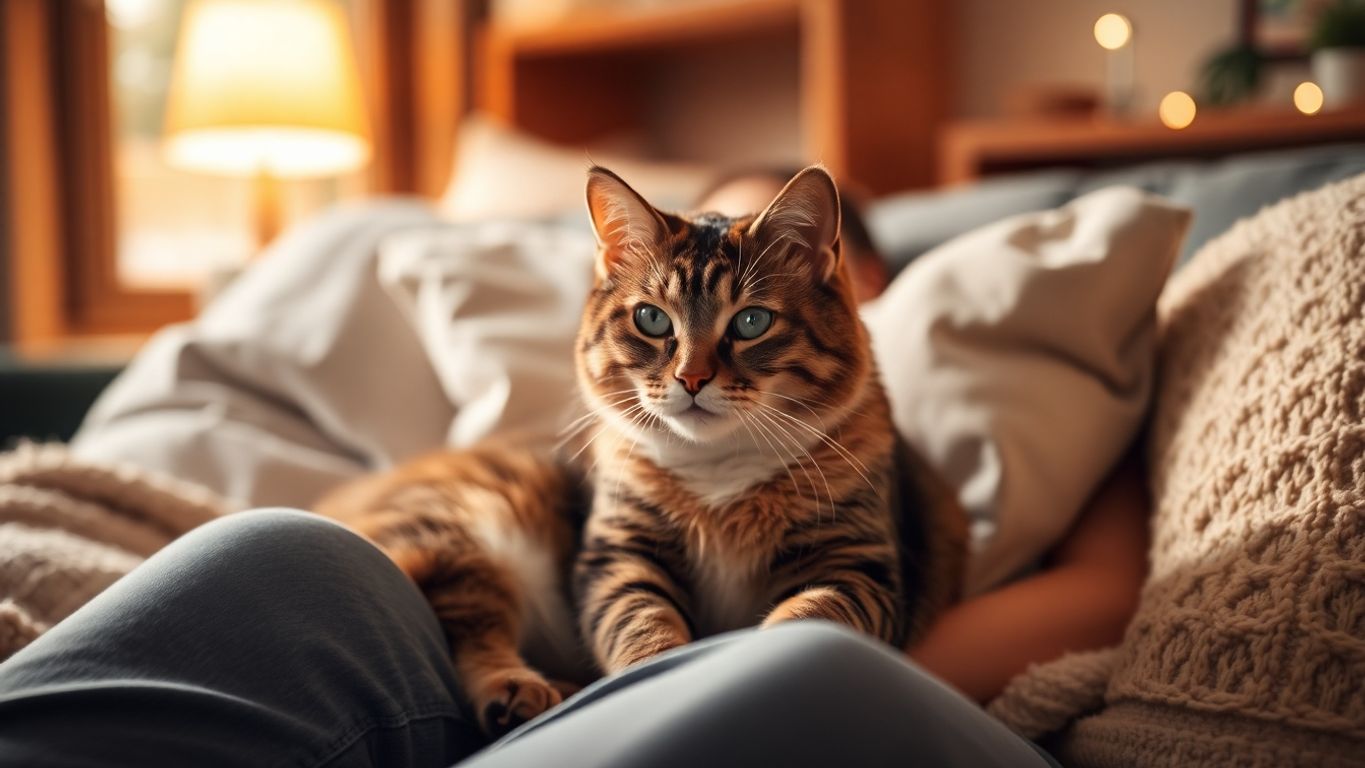 Pessoa relaxando com um gato no colo.