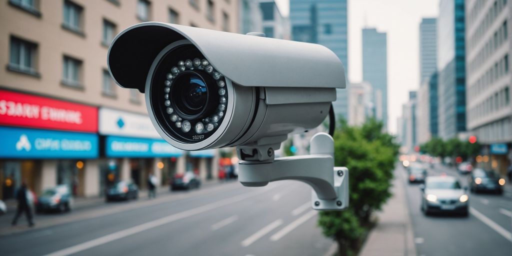 Modern CCTV camera with blurred urban background.