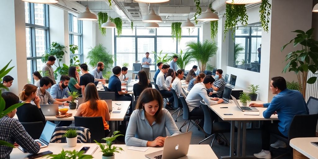Collaborative professionals in a modern Hong Kong coworking space.