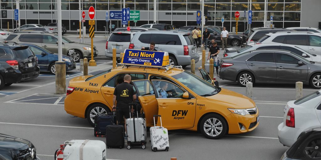 Taxi at DFW Airport with passengers and luggage.