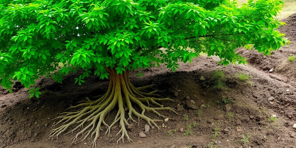 Tree roots anchoring soil on a hillside.