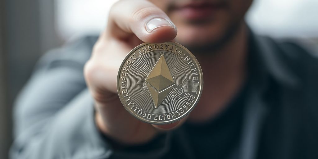 A person holding a cryptocurrency coin.