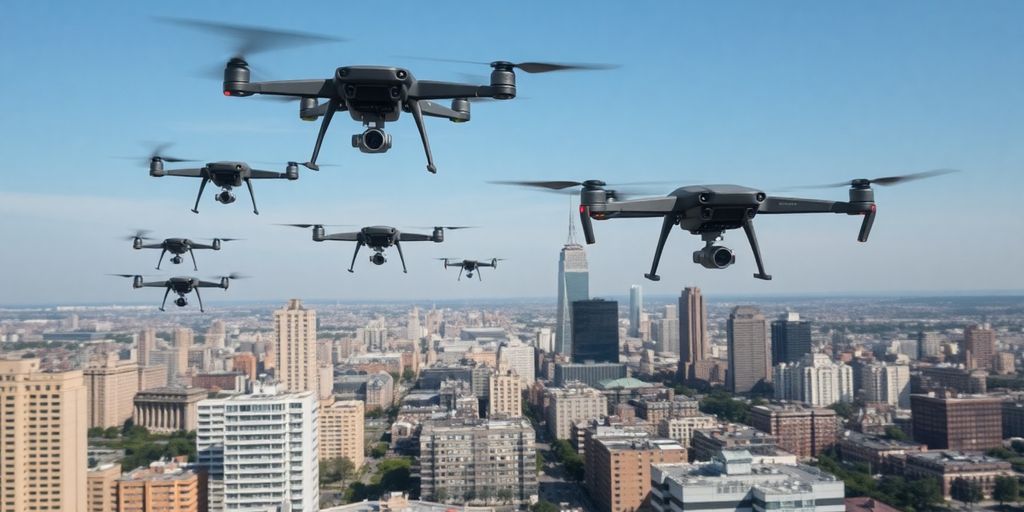 Drones survolant une ville, enjeux sécuritaires et éthiques.
