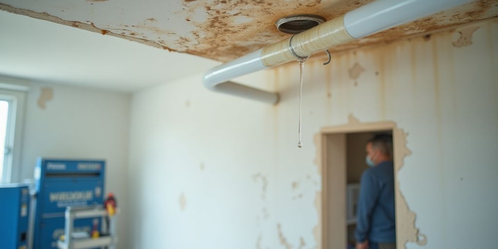 Water-damaged ceiling with a dripping pipe and tools.