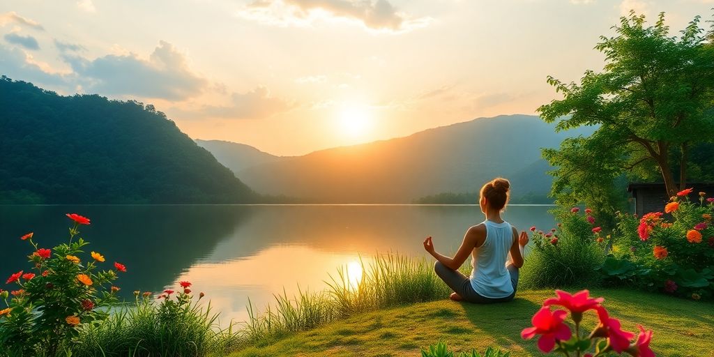 Person meditating by a peaceful sunrise lake.