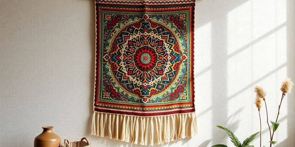 Colorful tapestry hanging on a textured wall indoors.