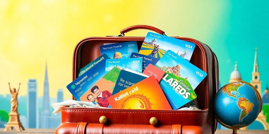 A suitcase filled with travel rewards cards and brochures.