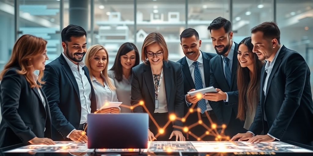 Business professionals collaborating on a digital interface.