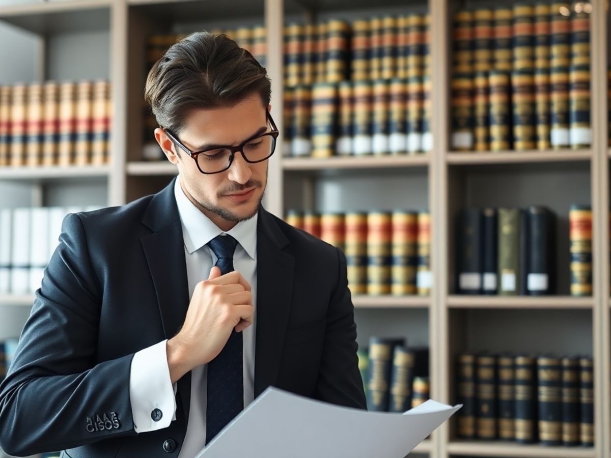 Avocat analizând documente legale într-un birou modern.