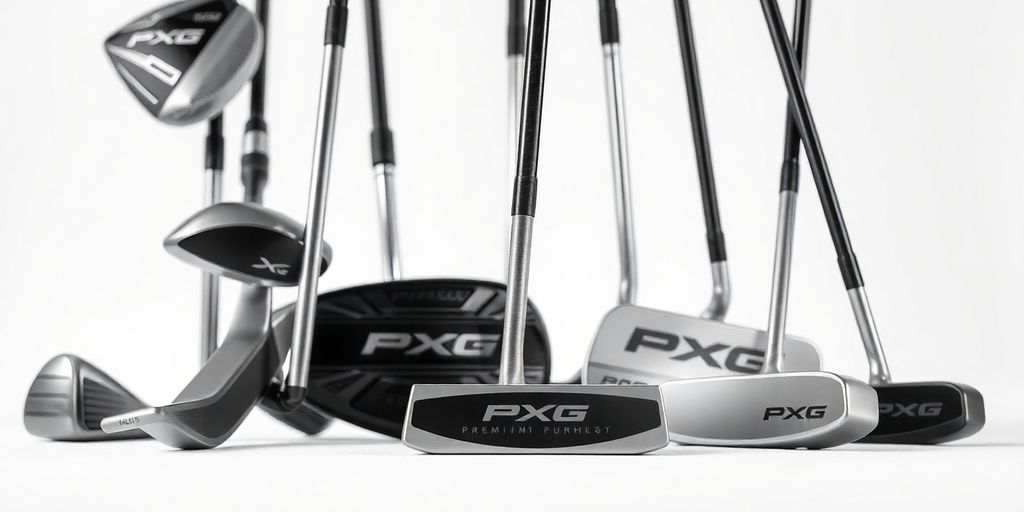 PXG golf clubs and accessories on display.
