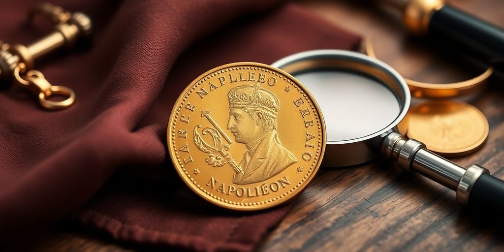 Pièce en or Napoléon sur table en bois.