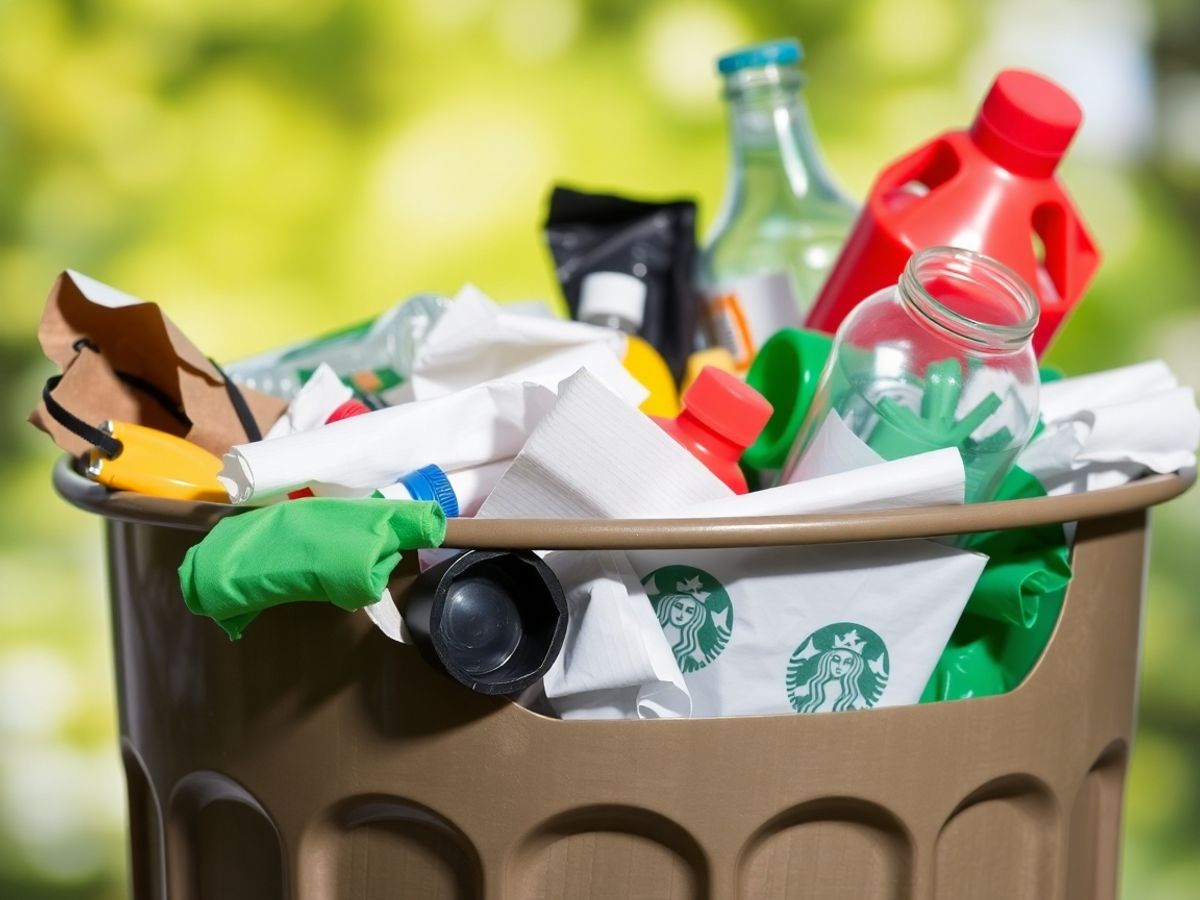 Coș de reciclare plin cu materiale diverse.